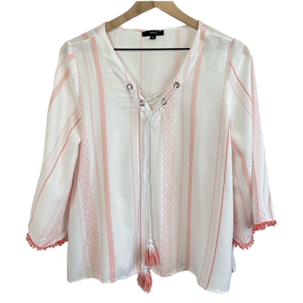 Very J Tunic Top. V-Neck Bell Sleeve With Tassels. White And Orange Med #483